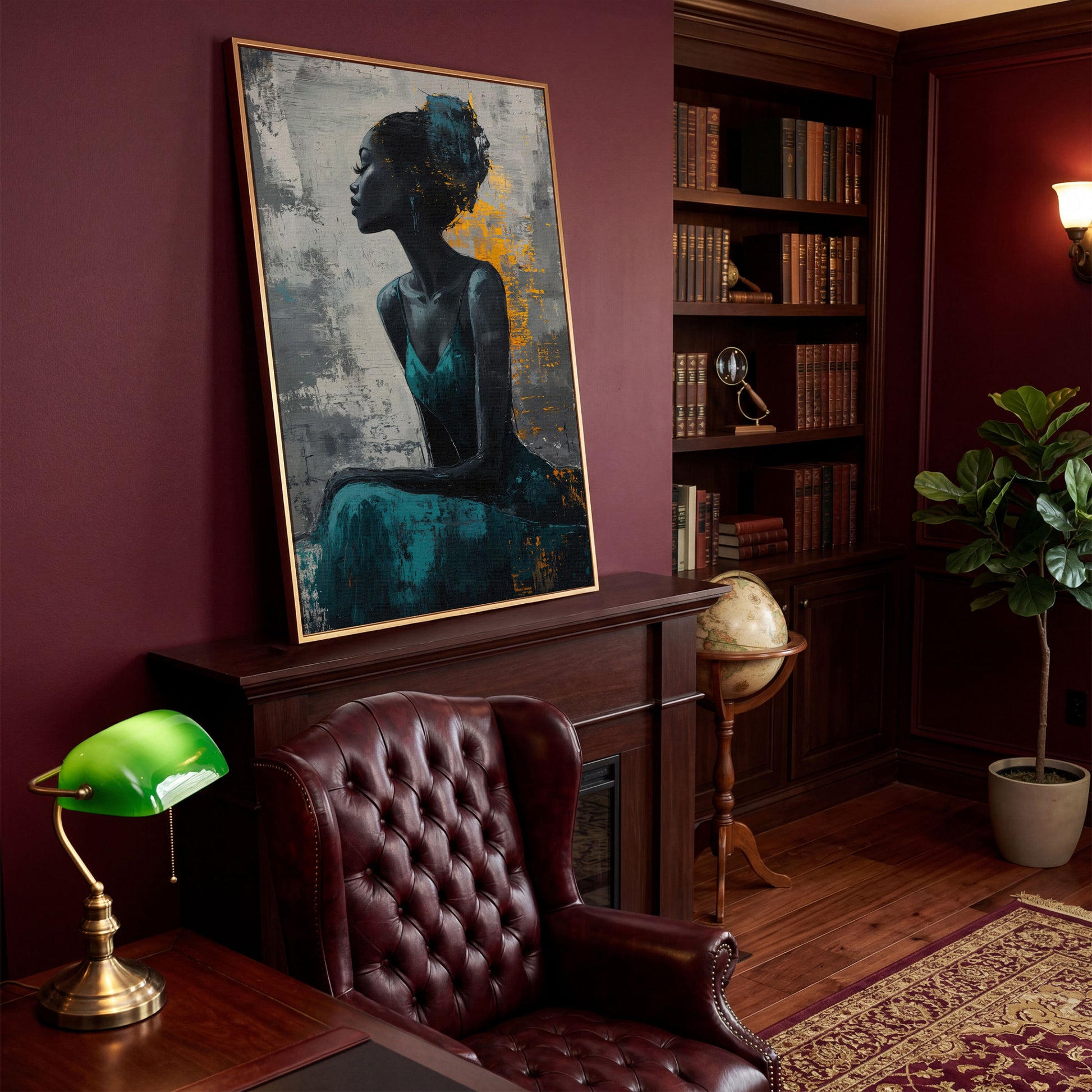 Seated Black Woman Portrait Canvas Art in antique gold floating frame