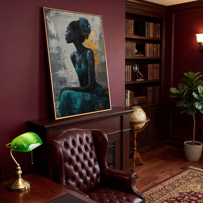 Seated Black Woman Portrait Canvas Art in antique gold floating frame