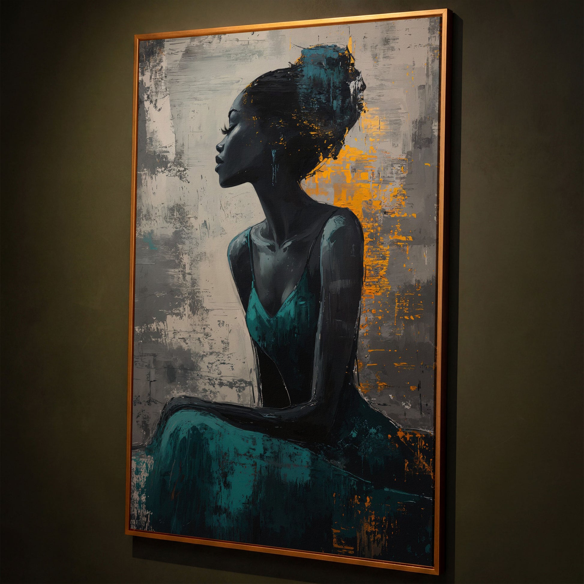 Seated Black Woman Portrait Canvas Art shown in antique gold floating frame