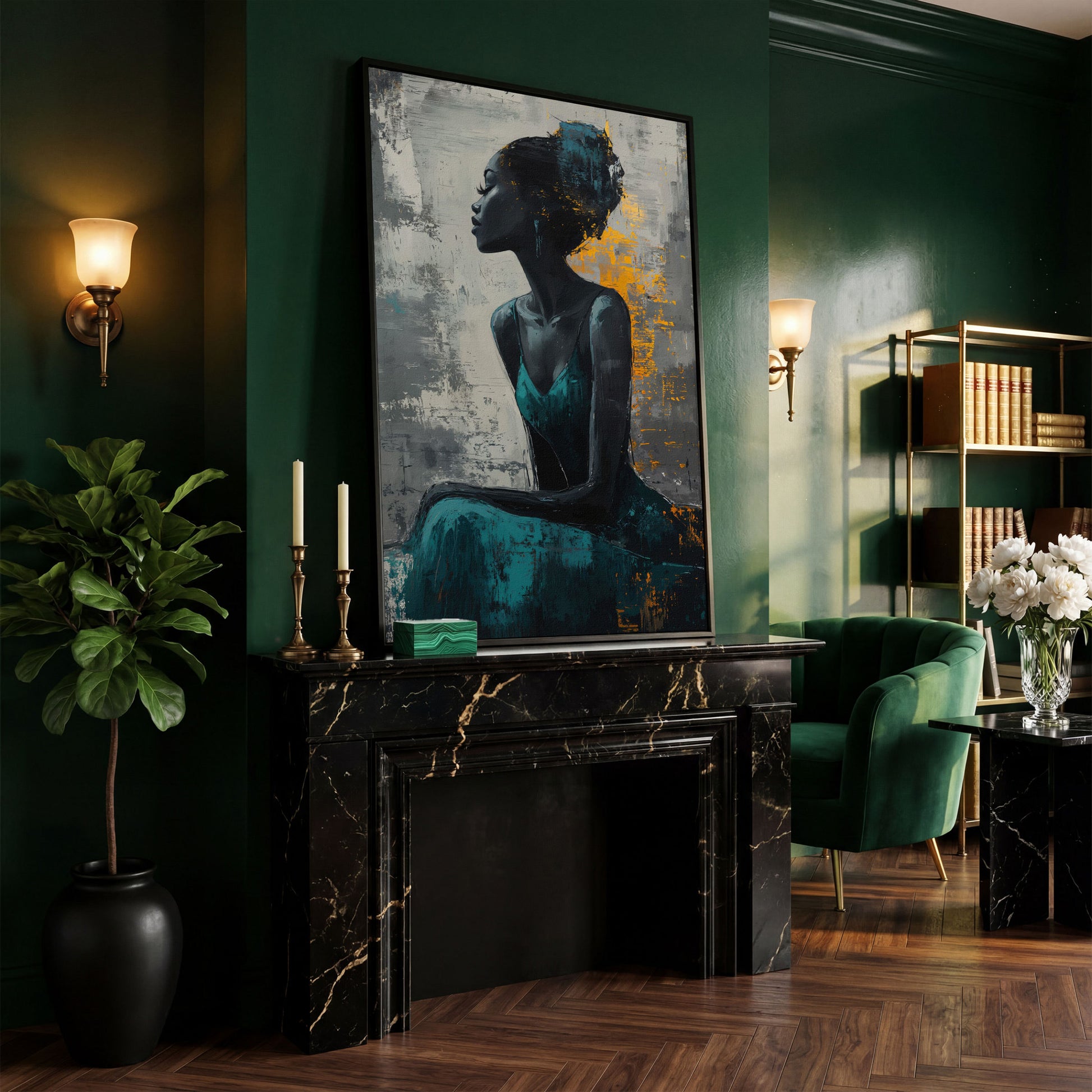 Seated Black Woman Portrait Canvas Art in black floating frame