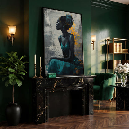 Seated Black Woman Portrait Canvas Art in black floating frame
