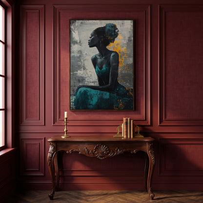 Seated Black Woman Portrait Canvas Art in dark walnut floating frame