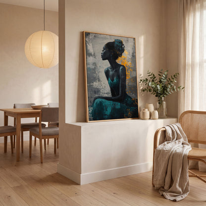 Seated Black Woman Portrait Canvas Art in white oak floating frame
