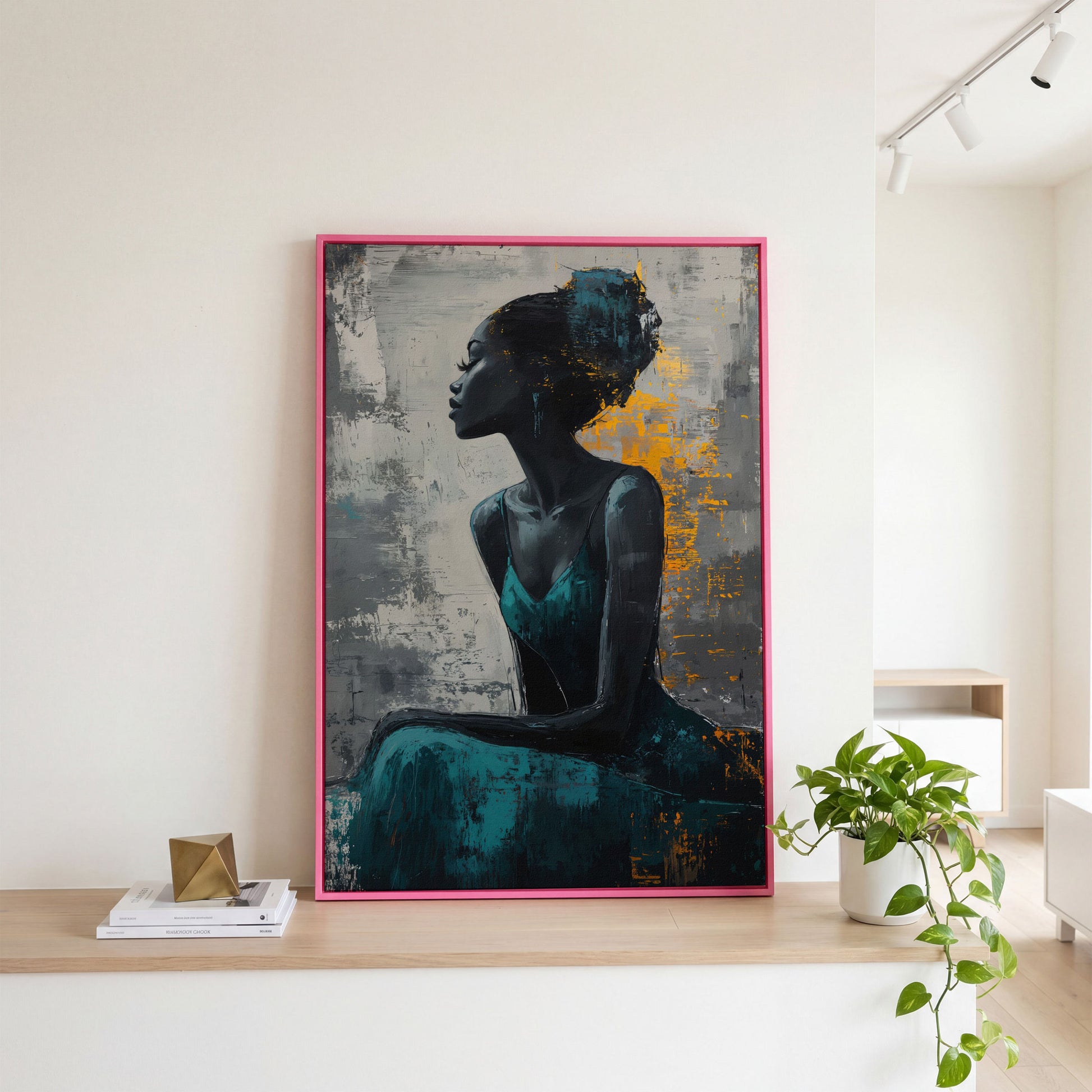 Seated Black Woman Portrait Canvas Art in pink floating frame