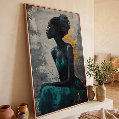 Seated Black Woman Portrait Canvas Art in rose gold floating frame