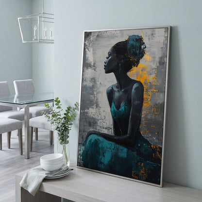 Seated Black Woman Portrait Canvas Art in silver floating frame