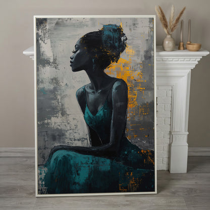 Seated Black Woman Portrait Canvas Art in white floating frame