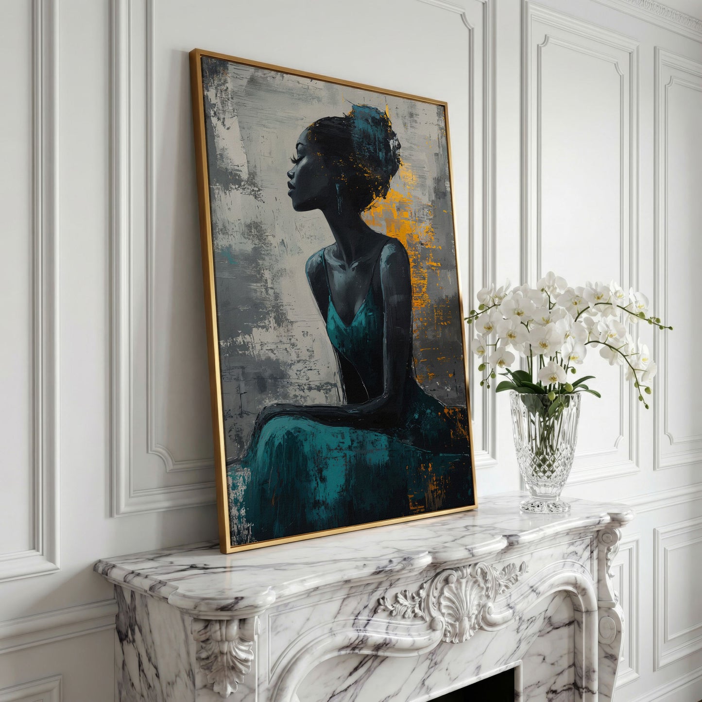 Seated Black Woman Portrait Canvas Art in yellow gold floating frame