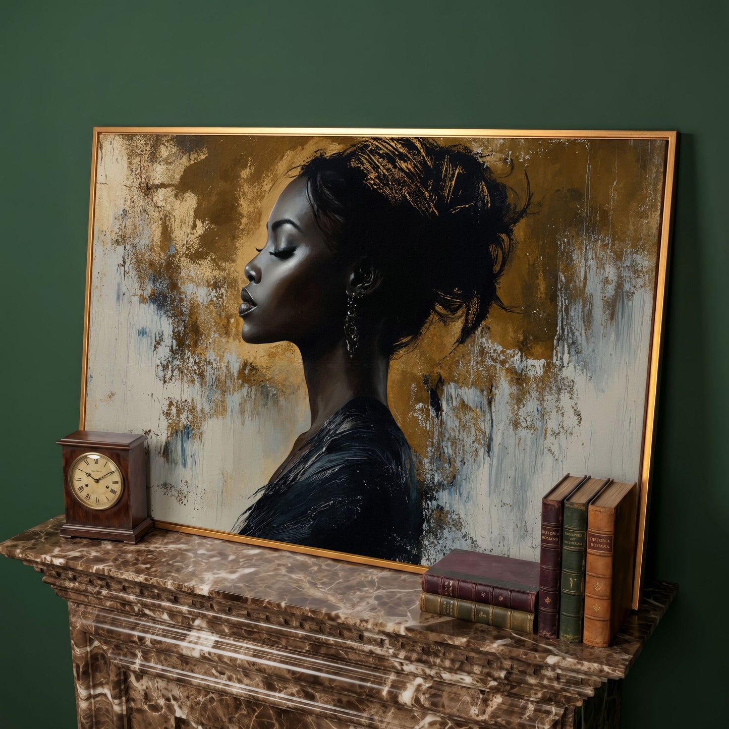 Black Woman Portrait Canvas Print in Gold and Ebony in antique gold floating frame