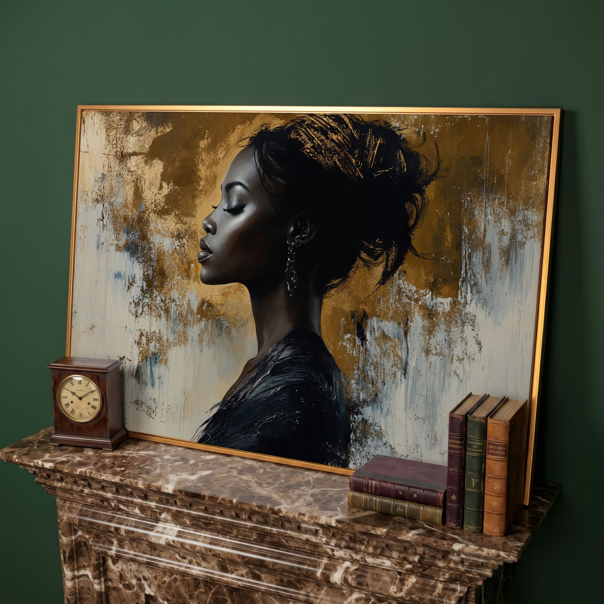 Black Woman Portrait Canvas Print in Gold and Ebony in antique gold floating frame