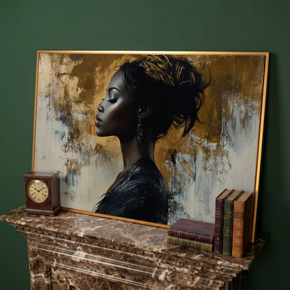 Black Woman Portrait Canvas Print in Gold and Ebony in antique gold floating frame