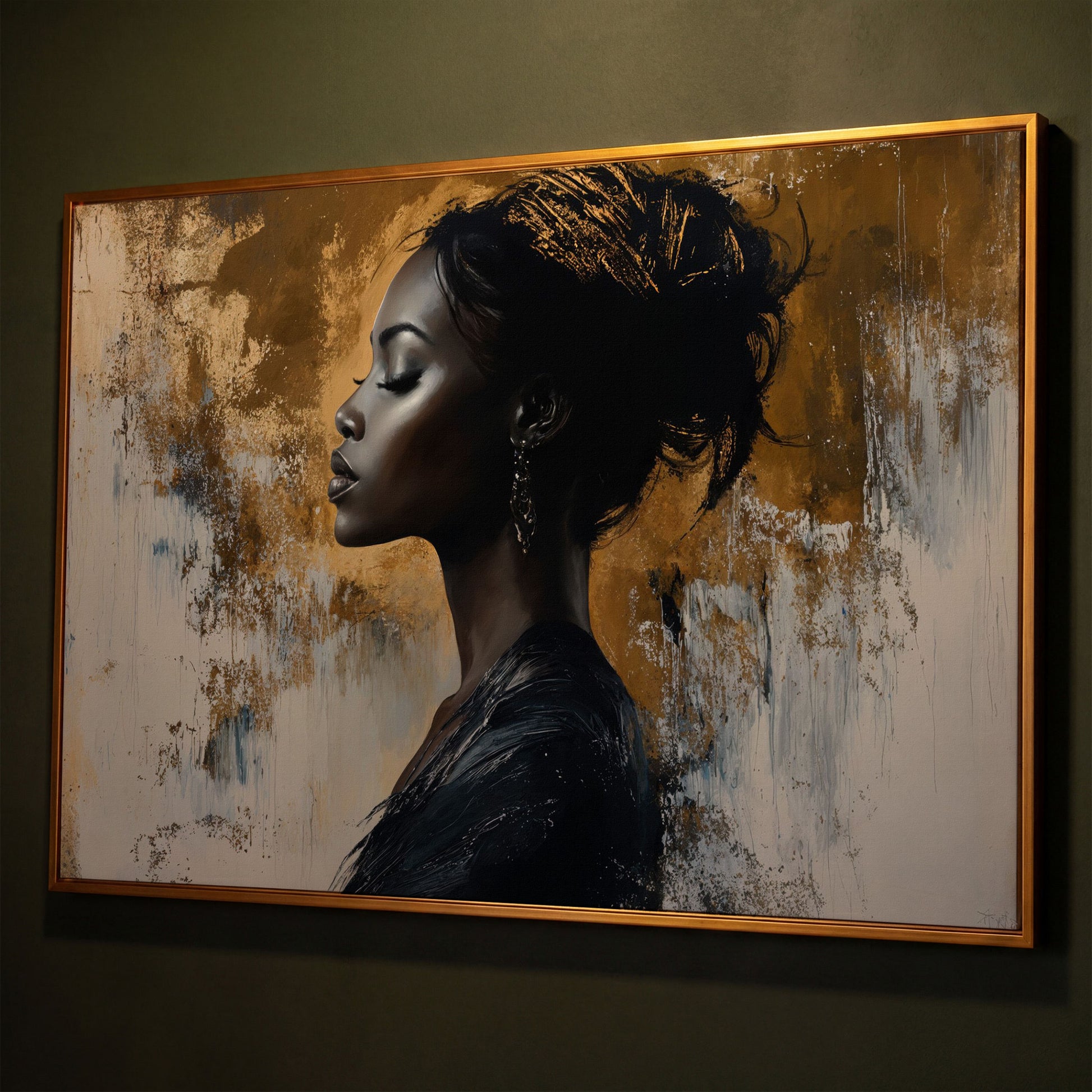 Black Woman Portrait Canvas Print in Gold and Ebony shown in antique gold floating frame
