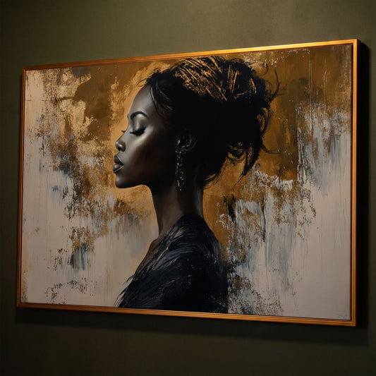 Black Woman Portrait Canvas Print in Gold and Ebony shown in antique gold floating frame