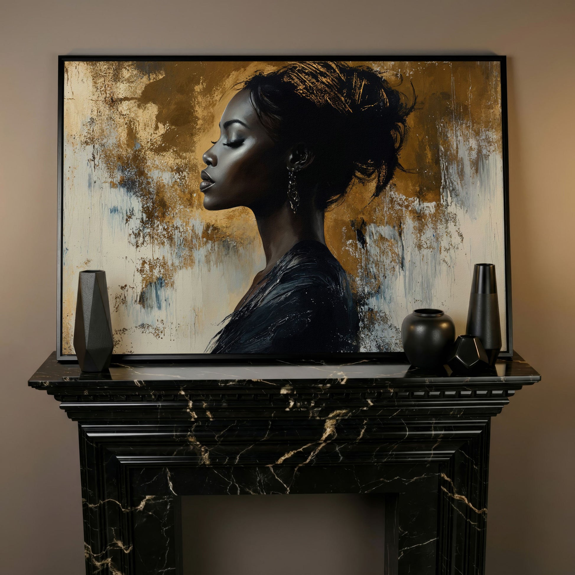 Black Woman Portrait Canvas Print in Gold and Ebony in black floating frame