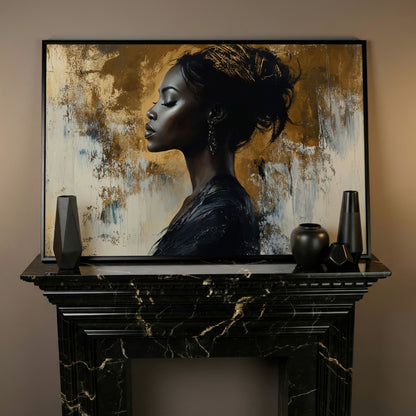 Black Woman Portrait Canvas Print in Gold and Ebony in black floating frame