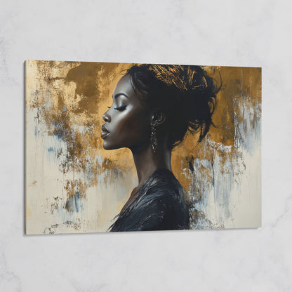 Black Woman Portrait Canvas Print in Gold and Ebony on gallery wrap