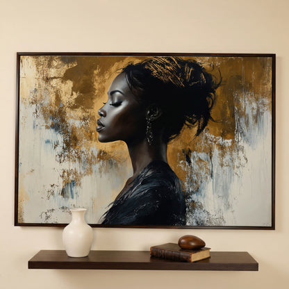 Black Woman Portrait Canvas Print in Gold and Ebony in dark walnut floating frame