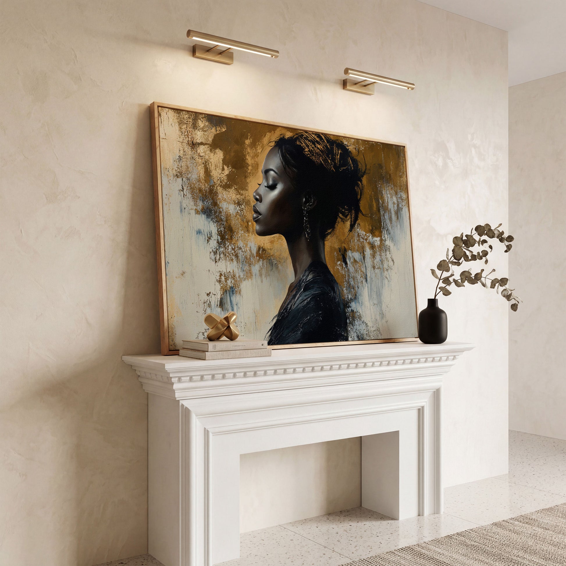 Black Woman Portrait Canvas Print in Gold and Ebony in white oak floating frame