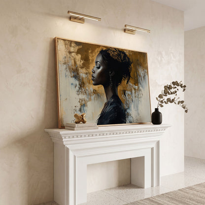 Black Woman Portrait Canvas Print in Gold and Ebony in white oak floating frame