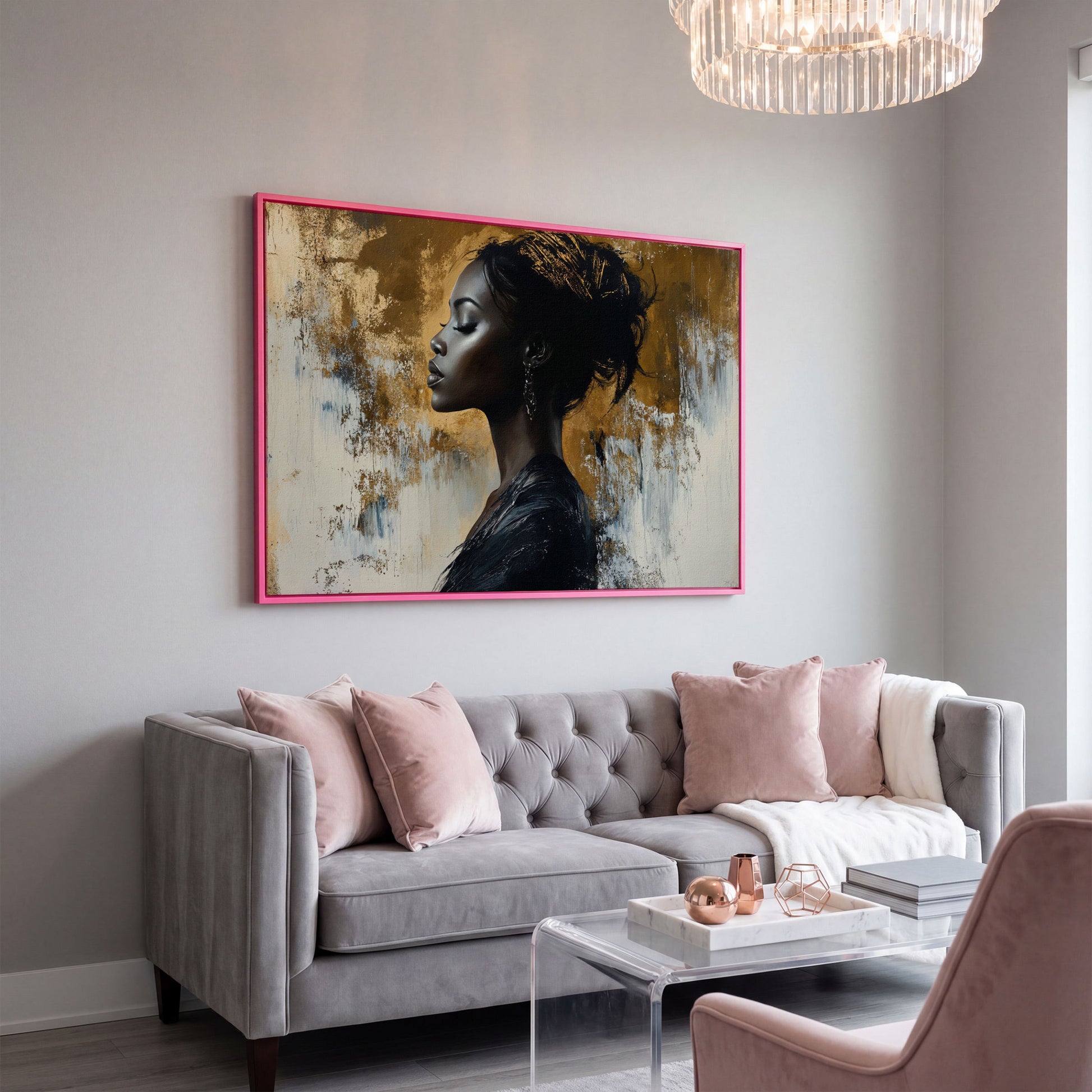 Black Woman Portrait Canvas Print in Gold and Ebony in pink floating frame