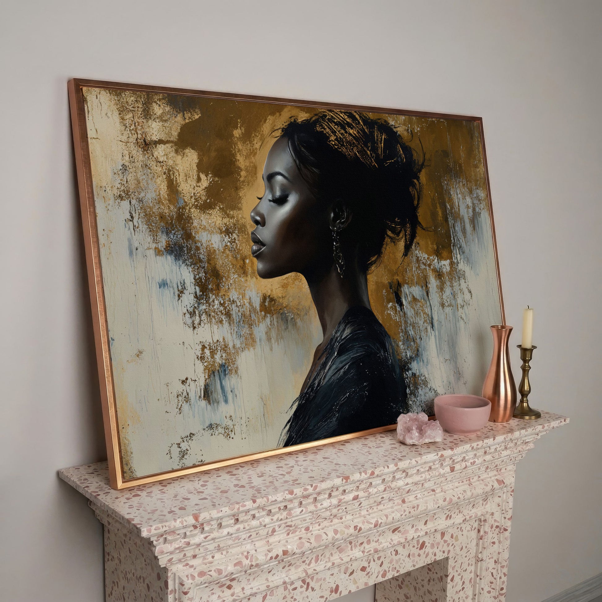 Black Woman Portrait Canvas Print in Gold and Ebony in rose gold floating frame