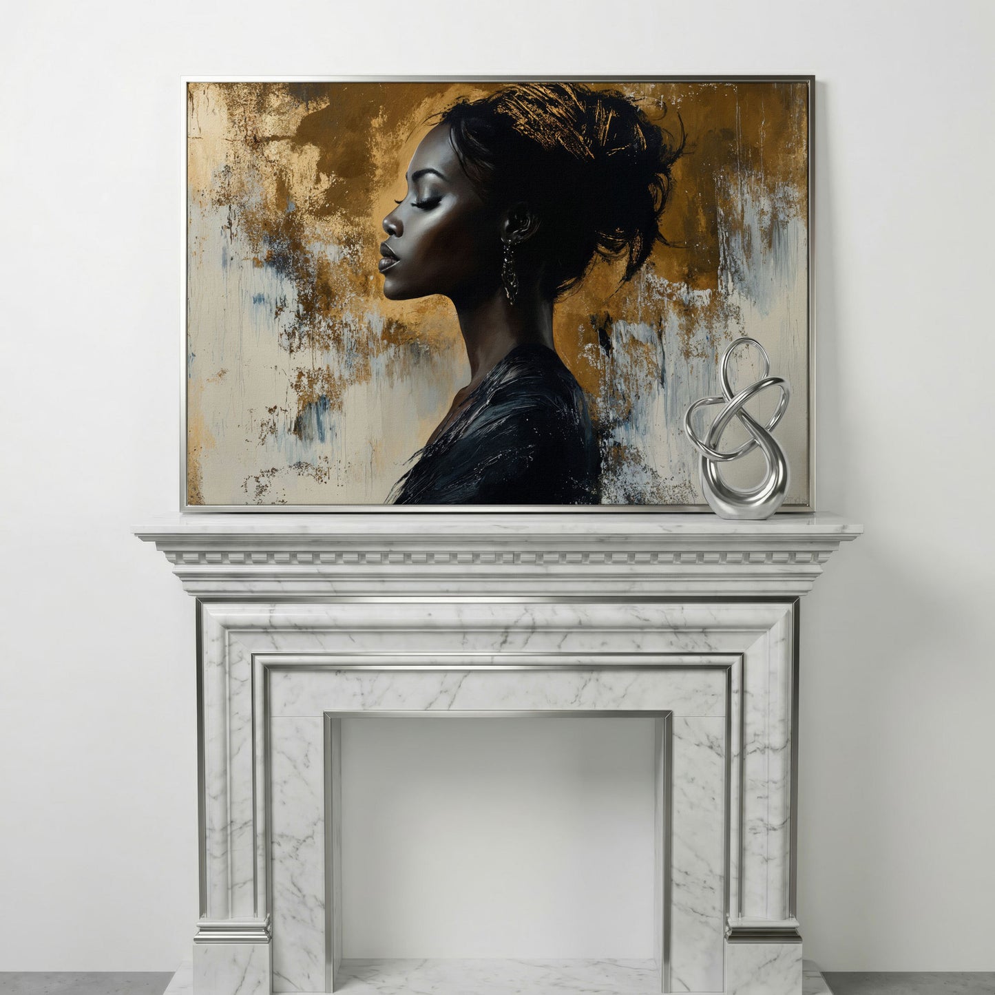 Black Woman Portrait Canvas Print in Gold and Ebony in silver floating frame