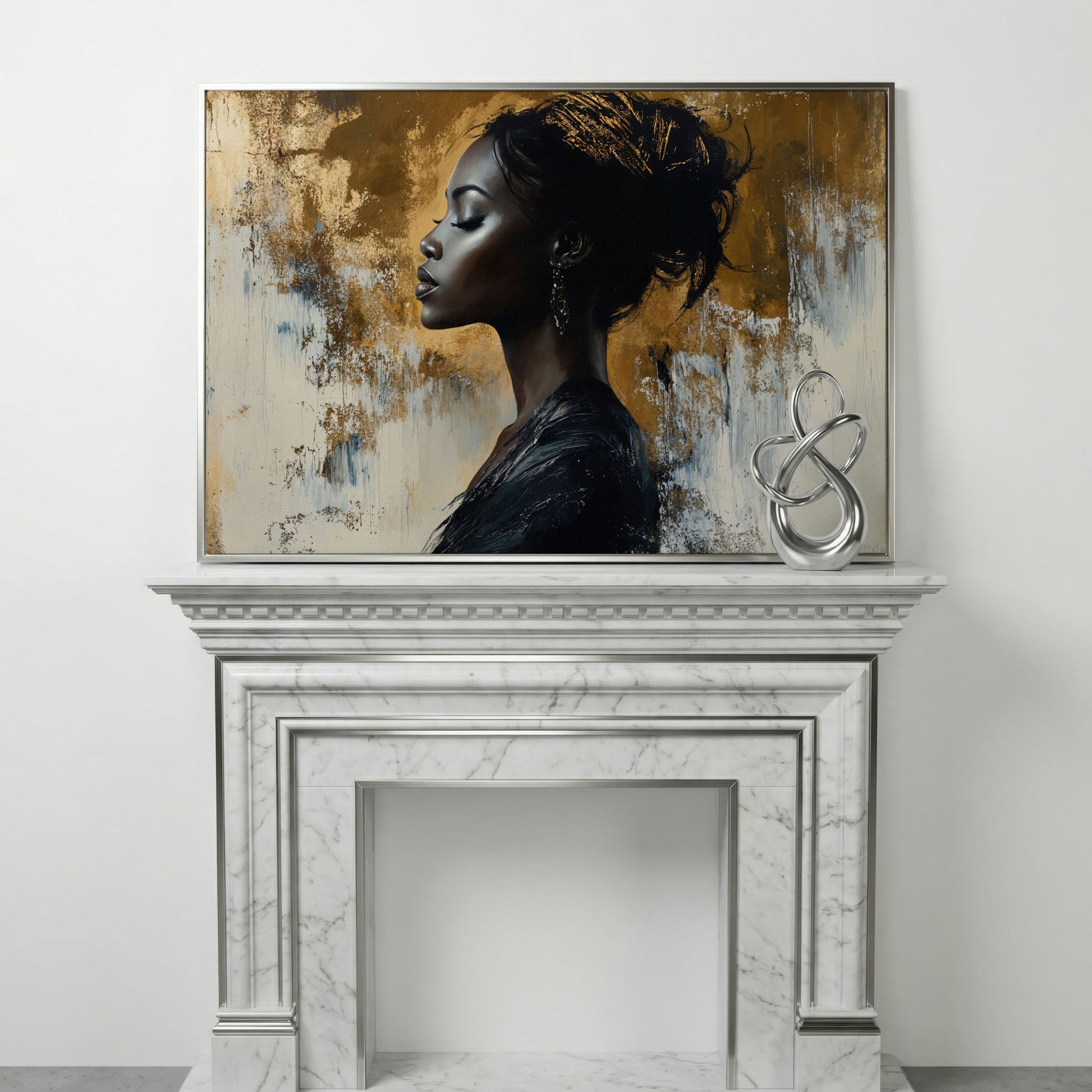 Black Woman Portrait Canvas Print in Gold and Ebony in silver floating frame