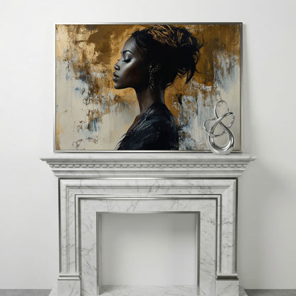 Black Woman Portrait Canvas Print in Gold and Ebony in silver floating frame