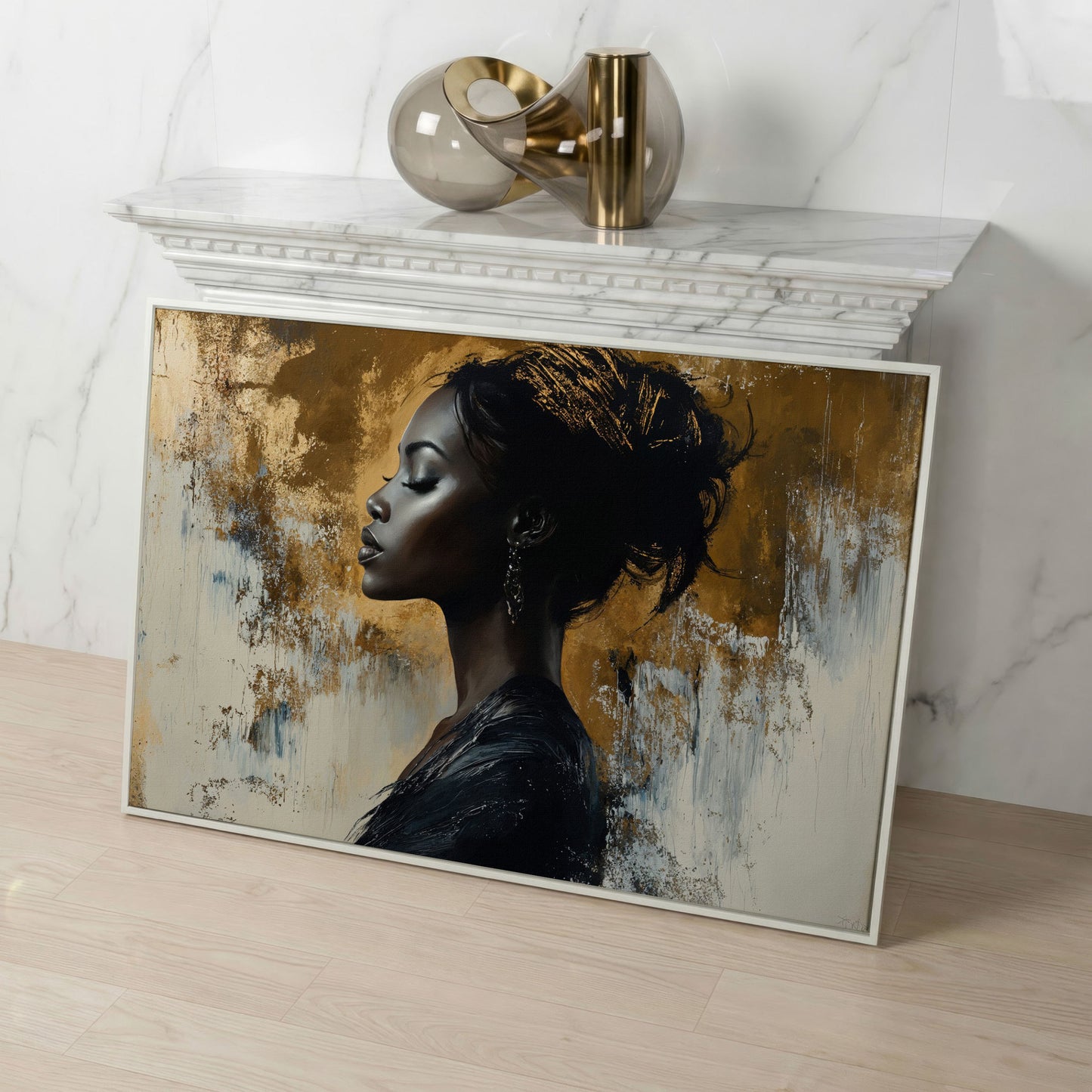 Black Woman Portrait Canvas Print in Gold and Ebony in white floating frame