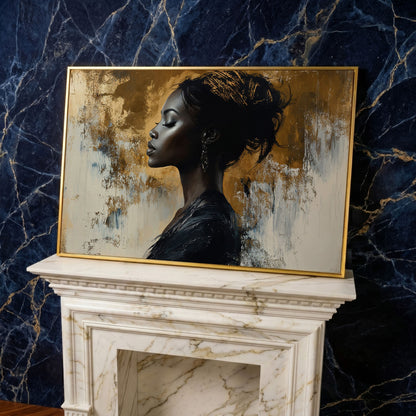 Black Woman Portrait Canvas Print in Gold and Ebony in yellow gold floating frame