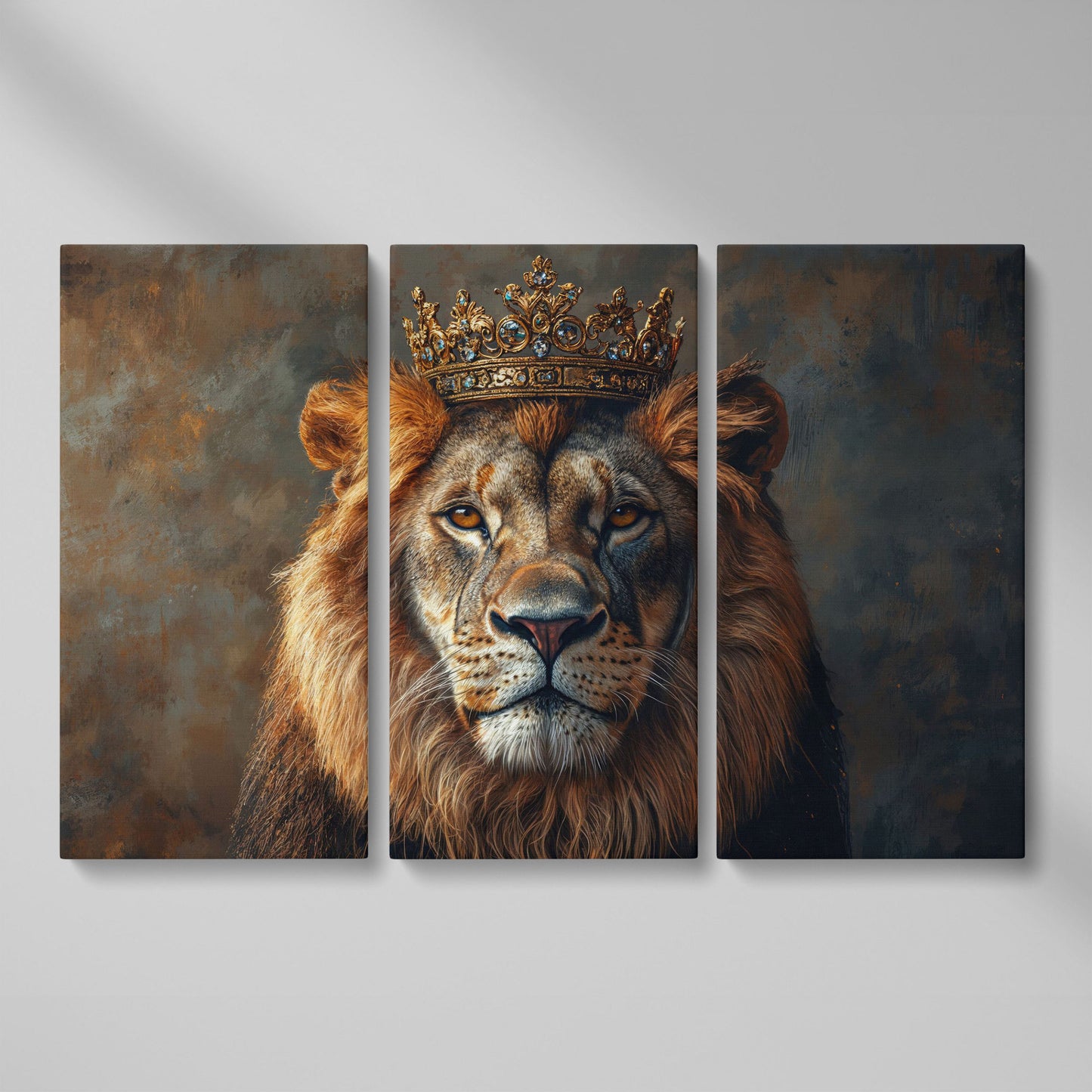 Lion with Crown Canvas Print. Animal Portrait in Gold as 3-panel split version