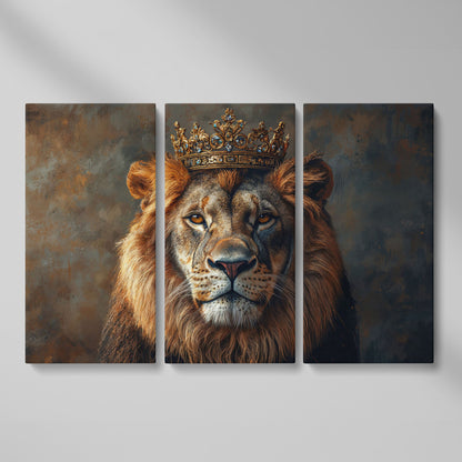 Lion with Crown Canvas Print. Animal Portrait in Gold as 3-panel split version