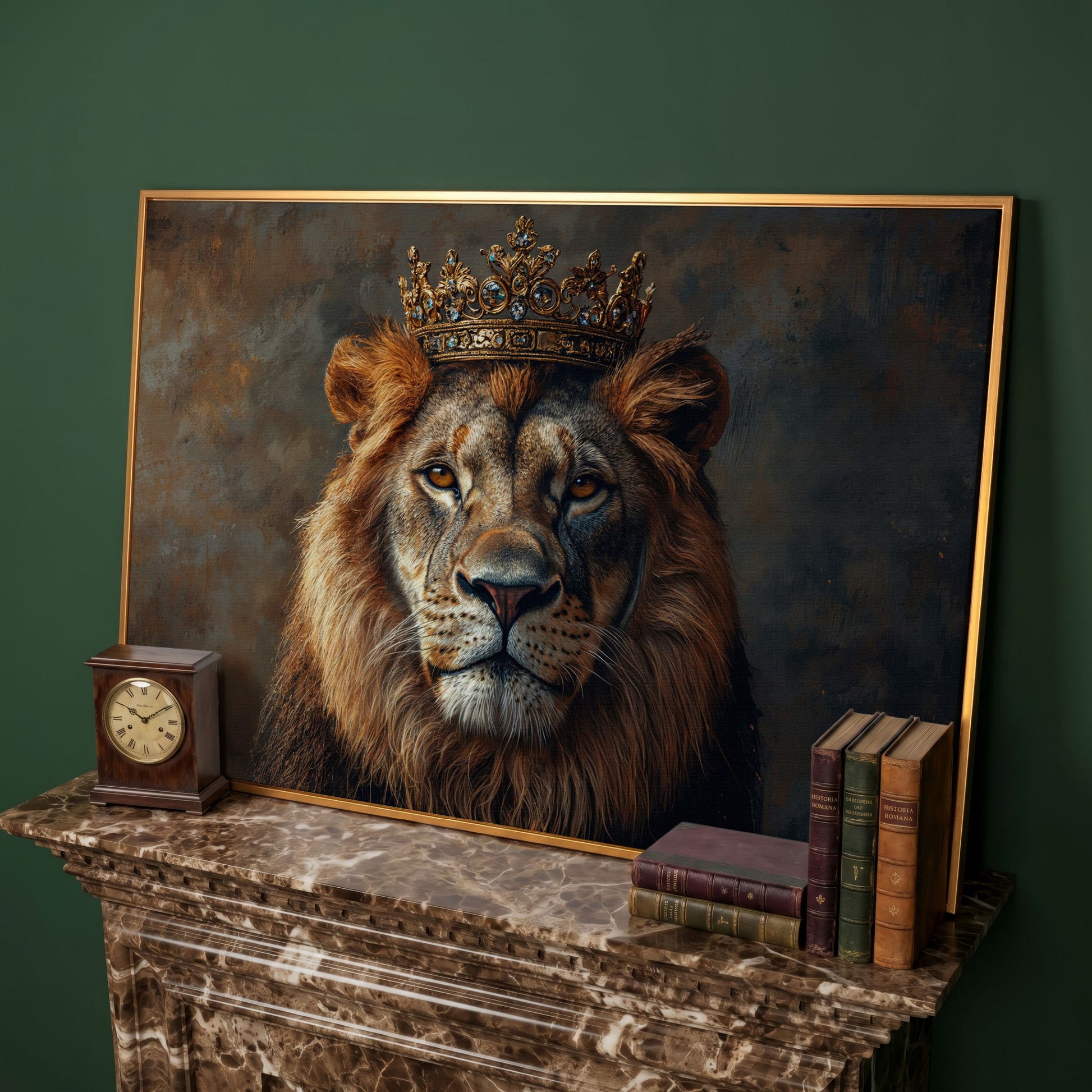 Lion with Crown Canvas Print. Animal Portrait in Gold in antique gold floating frame