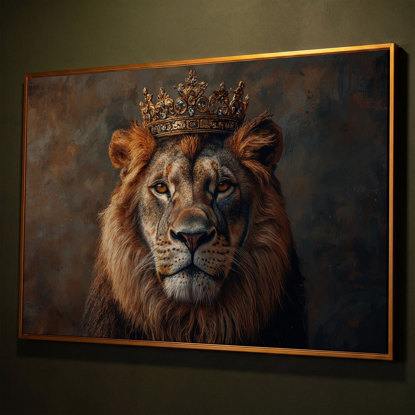 Lion with Crown Canvas Print. Animal Portrait in Gold shown in antique gold floating frame
