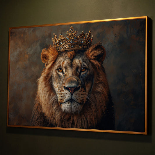 Lion with Crown Canvas Print. Animal Portrait in Gold shown in antique gold floating frame