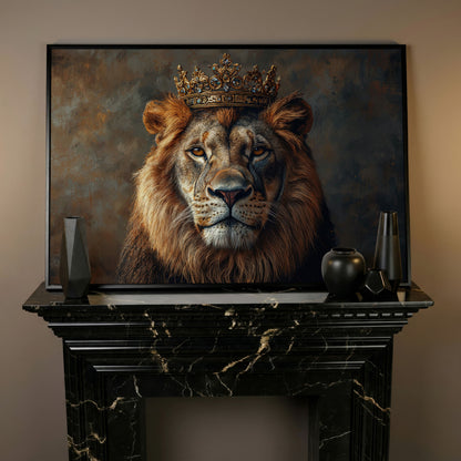 Lion with Crown Canvas Print. Animal Portrait in Gold in black floating frame