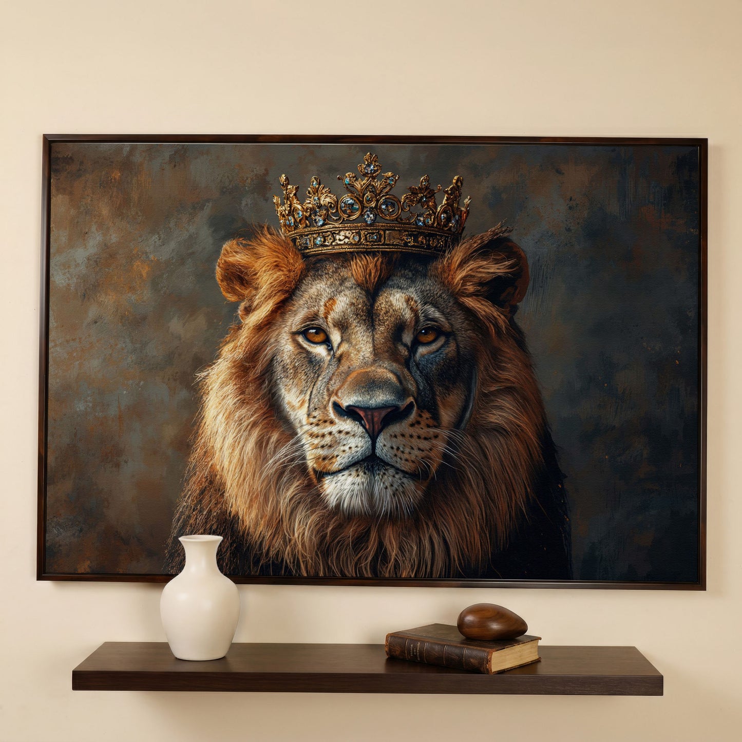 Lion with Crown Canvas Print. Animal Portrait in Gold in dark walnut floating frame