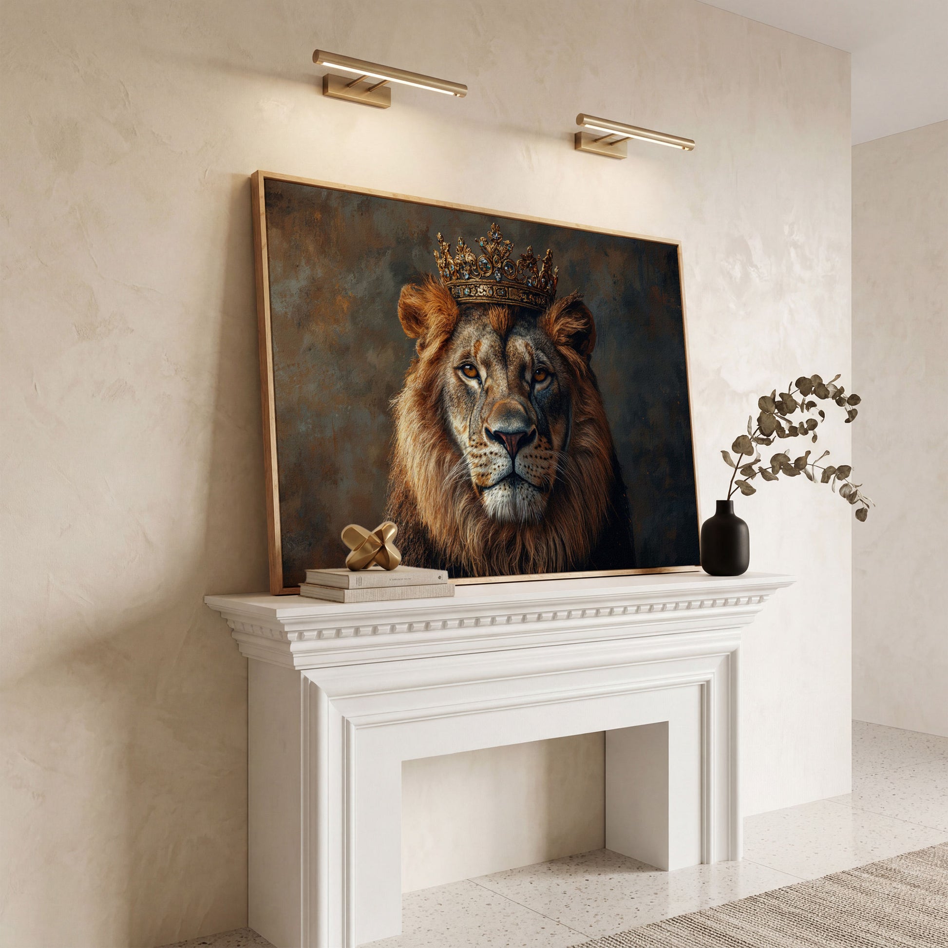 Lion with Crown Canvas Print. Animal Portrait in Gold in white oak floating frame