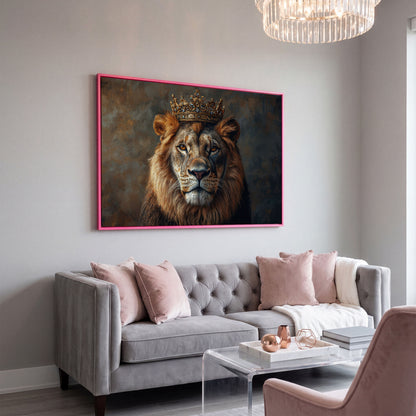 Lion with Crown Canvas Print. Animal Portrait in Gold in pink floating frame