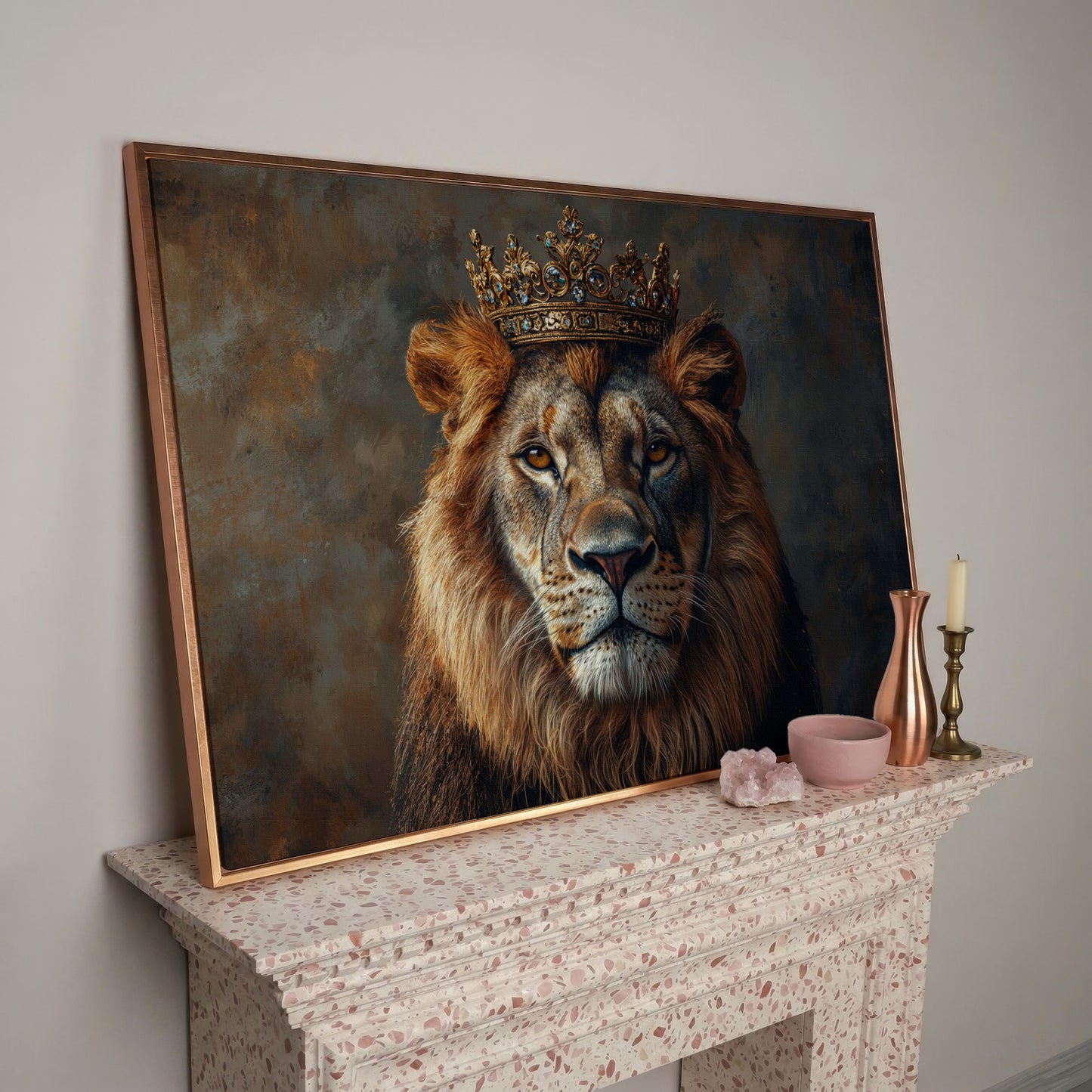 Lion with Crown Canvas Print. Animal Portrait in Gold in rose gold floating frame