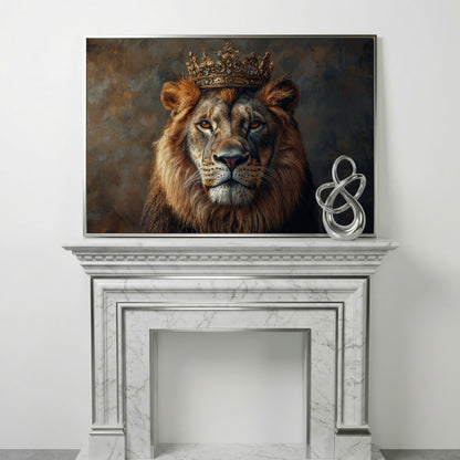 Lion with Crown Canvas Print. Animal Portrait in Gold in silver floating frame
