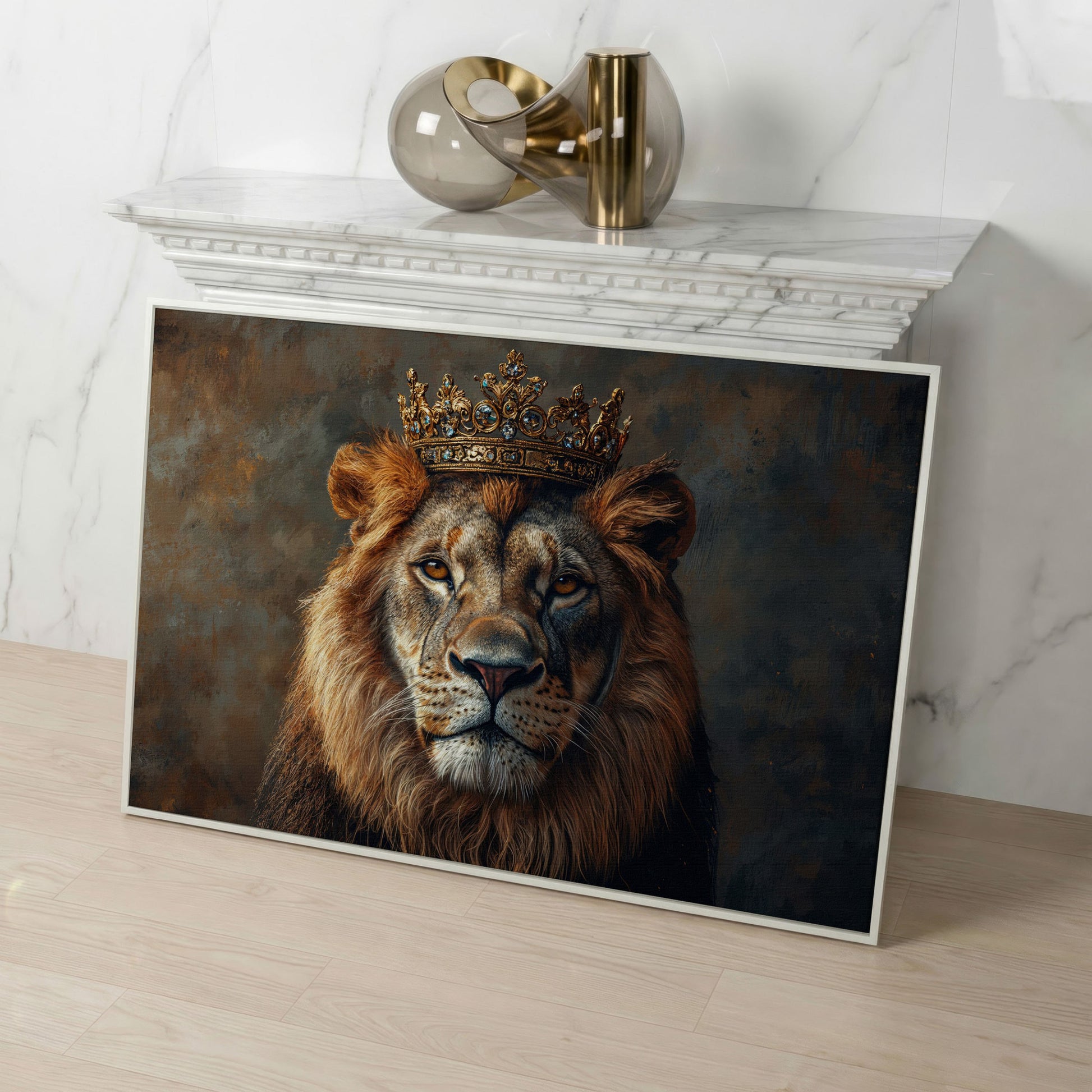 Lion with Crown Canvas Print. Animal Portrait in Gold in white floating frame