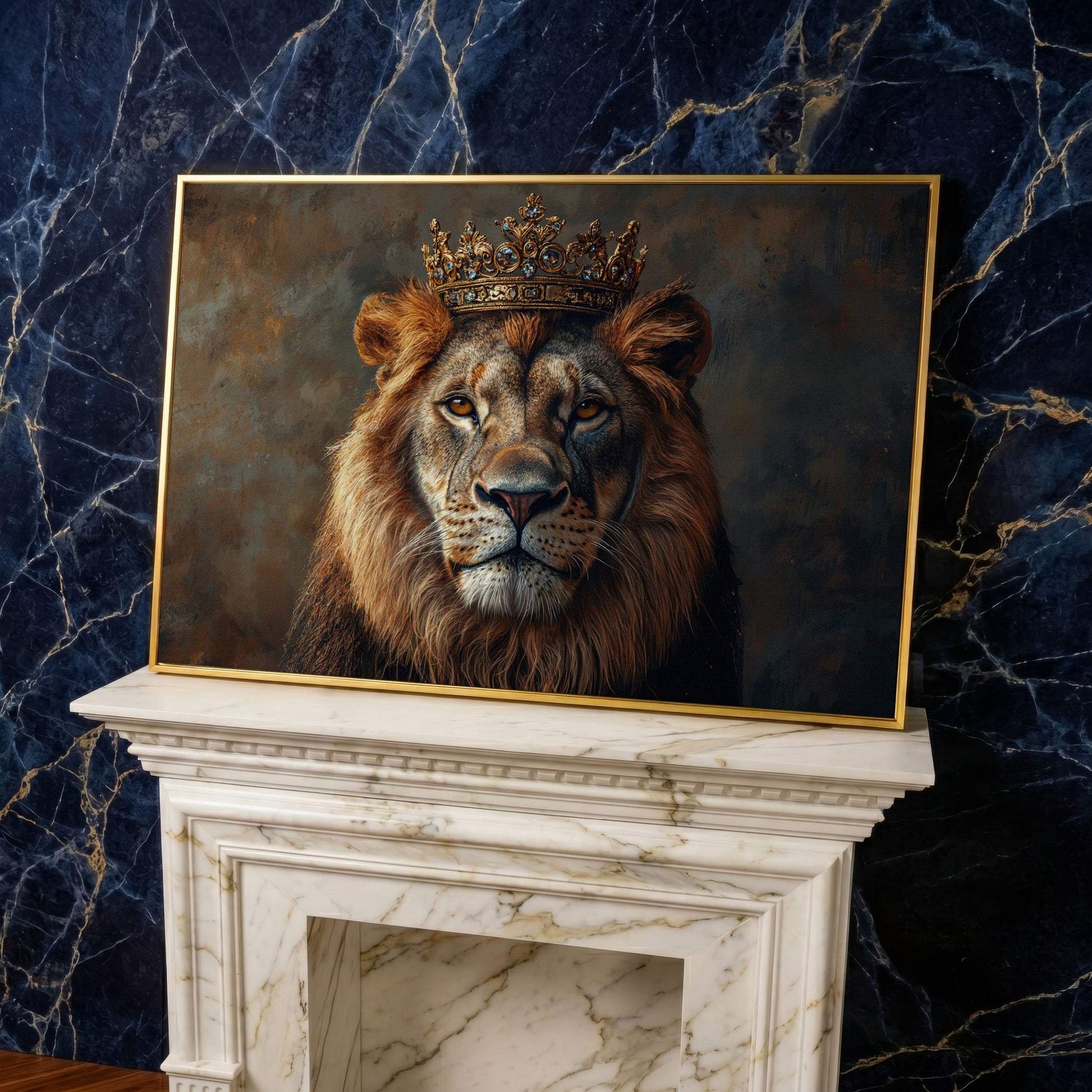 Lion with Crown Canvas Print. Animal Portrait in Gold in yellow gold floating frame