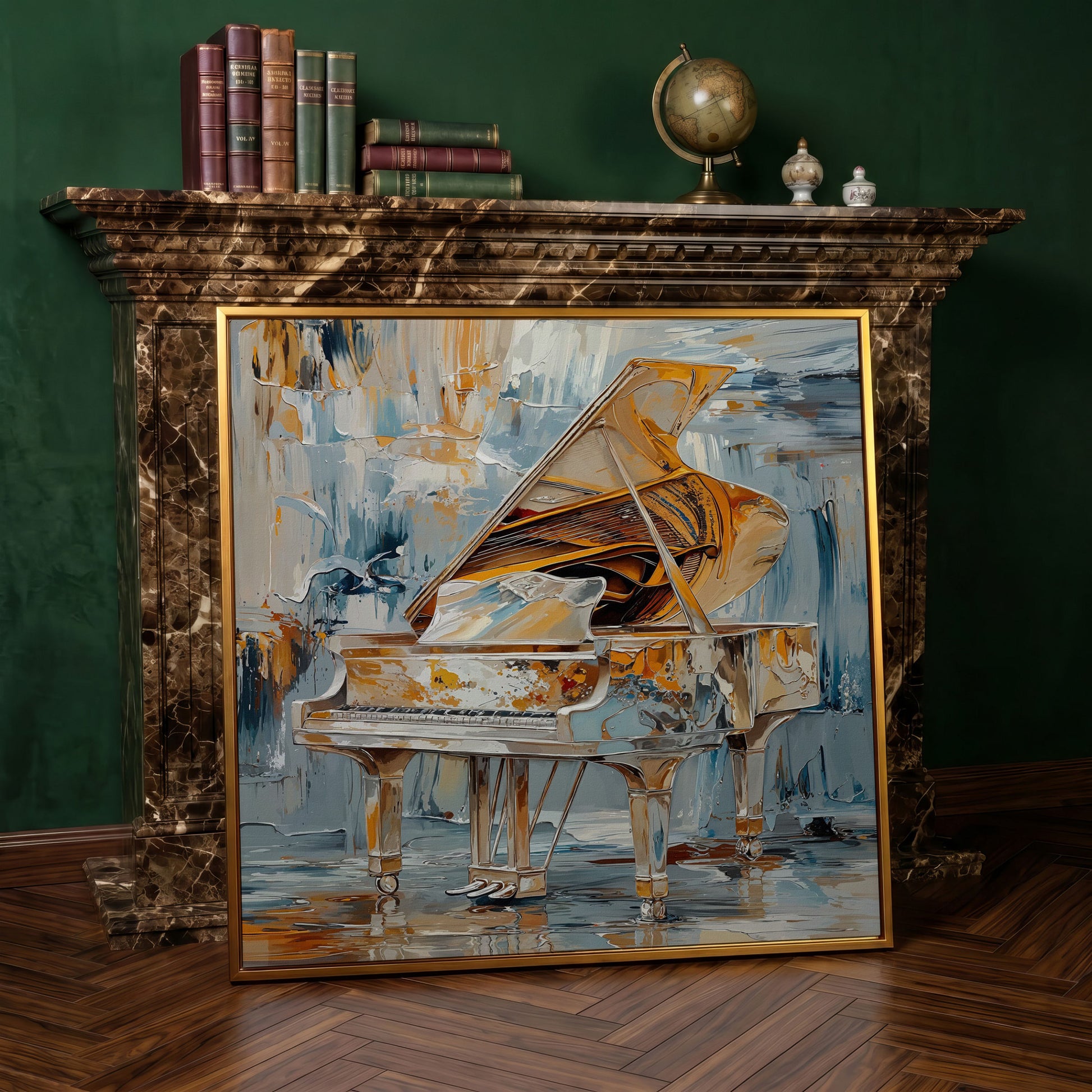 Abstract Grand Piano Canvas with Gold & Blue in antique gold floating frame