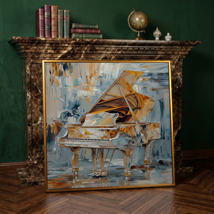 Abstract Grand Piano Canvas with Gold & Blue in antique gold floating frame