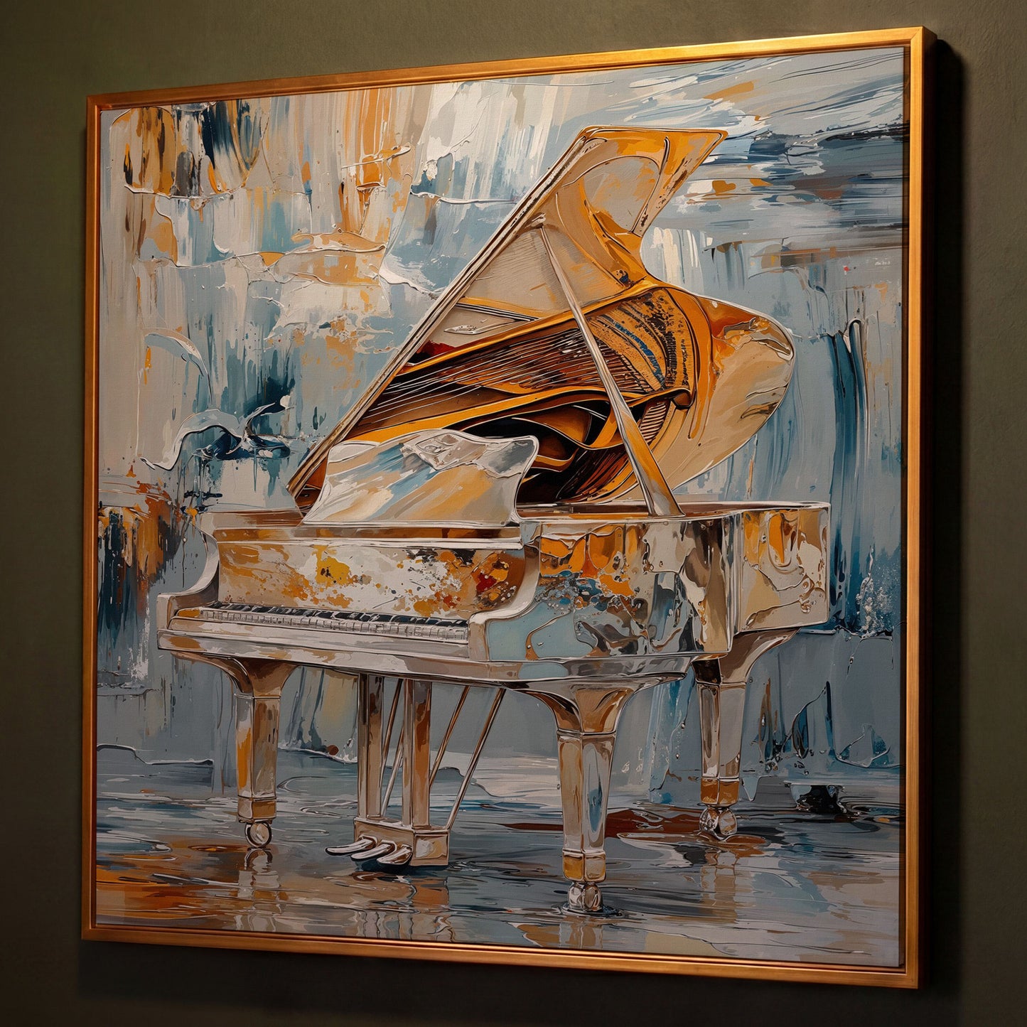 Abstract Grand Piano Canvas with Gold & Blue shown in antique gold floating frame