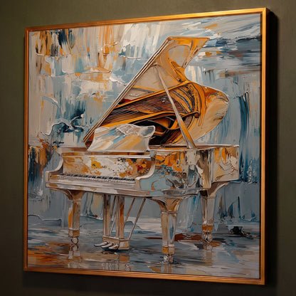 Abstract Grand Piano Canvas with Gold & Blue shown in antique gold floating frame