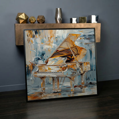 Abstract Grand Piano Canvas with Gold & Blue in black floating frame