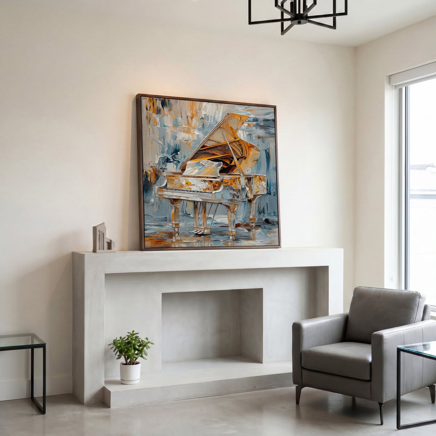 Abstract Grand Piano Canvas with Gold & Blue in dark walnut floating frame
