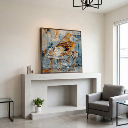 Abstract Grand Piano Canvas with Gold & Blue in dark walnut floating frame